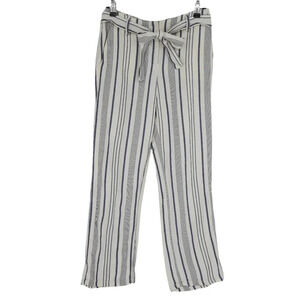 Ann Taylor LOFT Straight Leg Pants Linen White Stripe Mid Rise Tie Belt